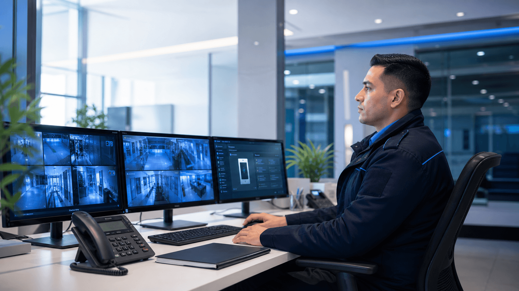 Security operations desk with monitoring screens and access control review